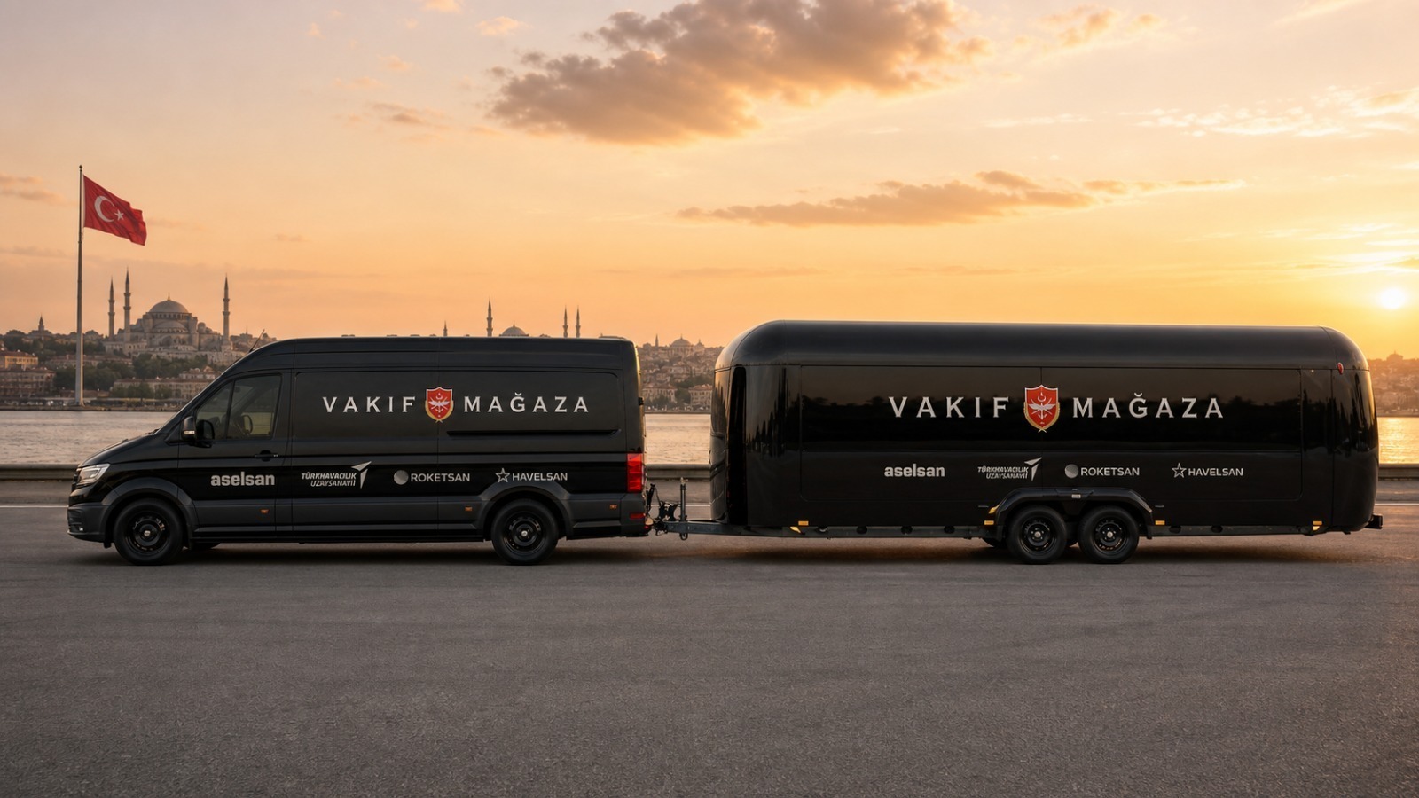 Vakıf Mağaza aracı ve mobil ünitesi, gün batımında